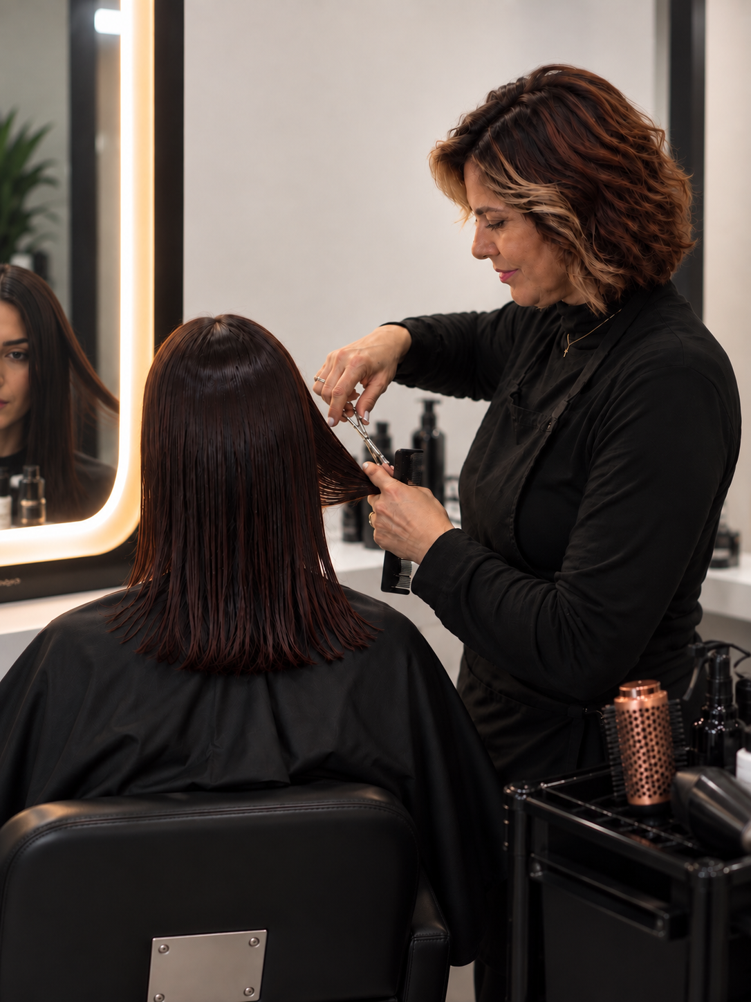 Ramona Corrêa cortando o cabelo de uma cliente no salão