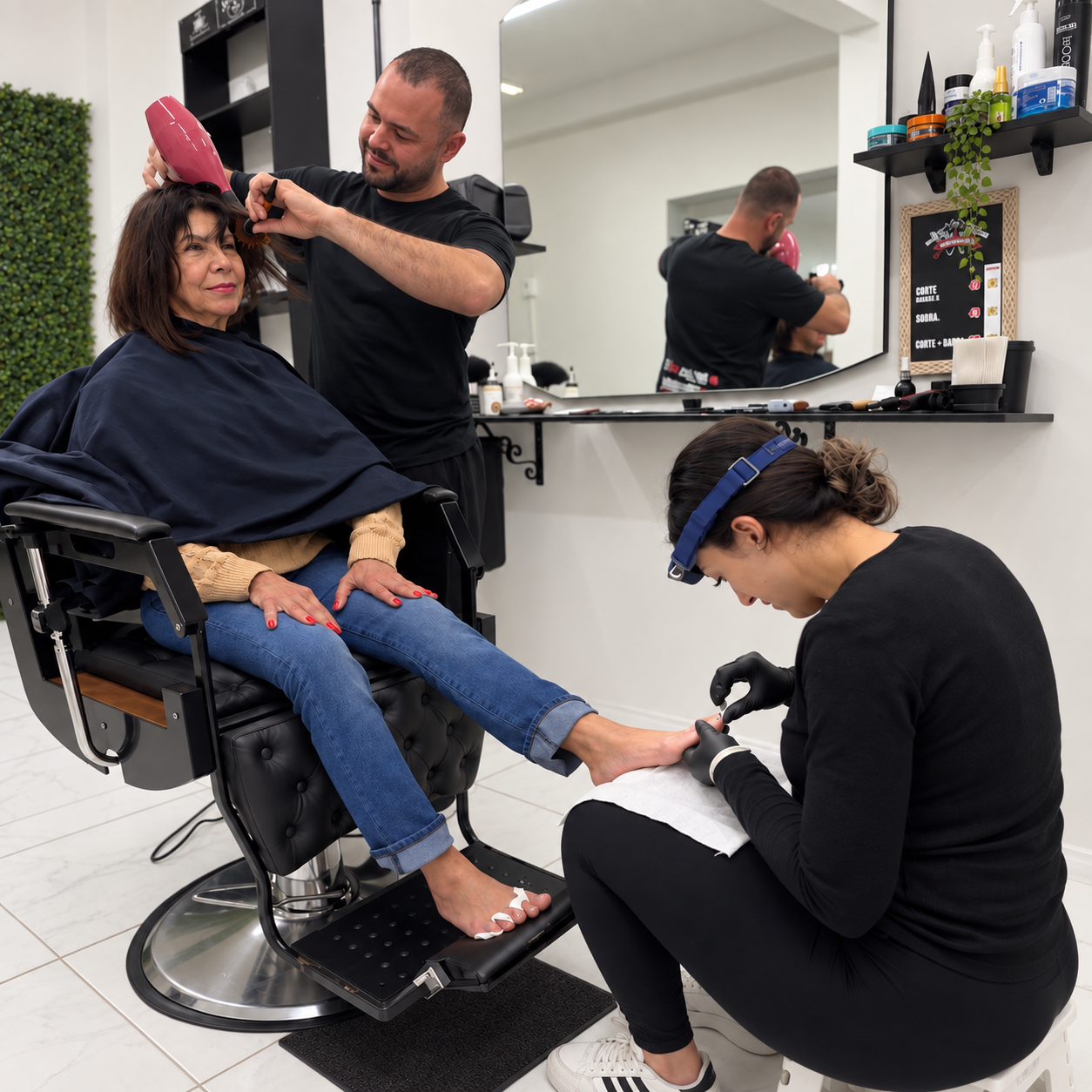 Dionatan finalizando um corte enquanto Aline atende outra cliente na pedicure